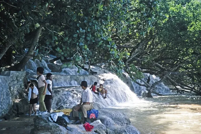 Framed Print : People at the famous waterfall of Dunn's River Falls, Ocho Rios, Jamaica, 1970, Central America