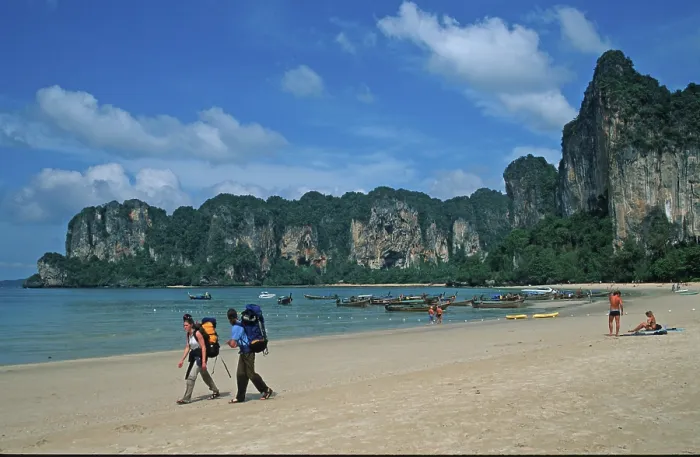 Framed Print : People, longtail boats, beach, Railay West Framed Print : People, longtail boats, beach, Railay West