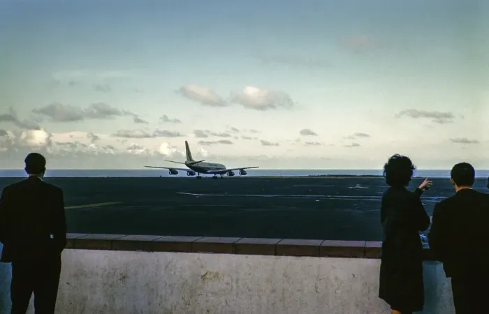 Framed Print : People looking at an aeroplane on the airport runway, Ponta Delgado, Sao Miguel Island, Azores, Portugal, April 1964, Europe