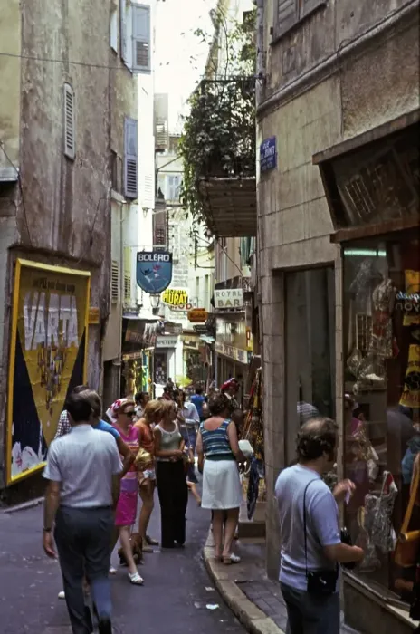 Framed Print : People shopping in a busy alley in Grasse, Cote d'Azur, France 1974