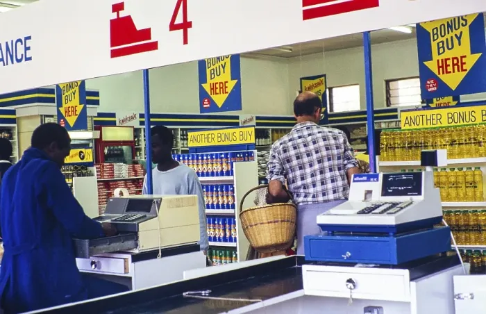 Framed Print : People shopping inside a PTC Kwiksave shop, Malawi, Southern Africa, 1989, Africa Framed Print : People shopping inside a PTC Kwiksave shop, Malawi, Southern Africa, 1989, Africa