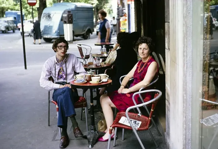 Framed Print : People sitting outside at a table in a street cafe, city centre of Paris, France, 1970, Europe