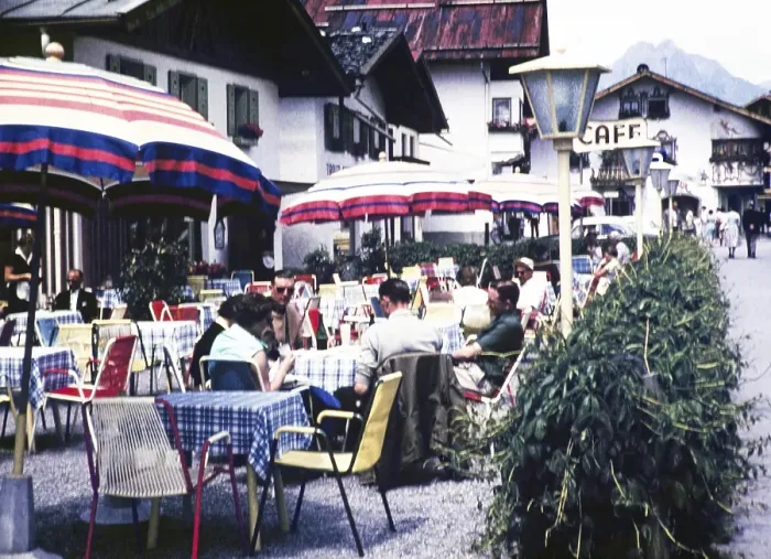 Framed Print : People sitting at the tables of a cafe in the village of Seefeld, Tyrol, Austria, Europe 1960, Europe