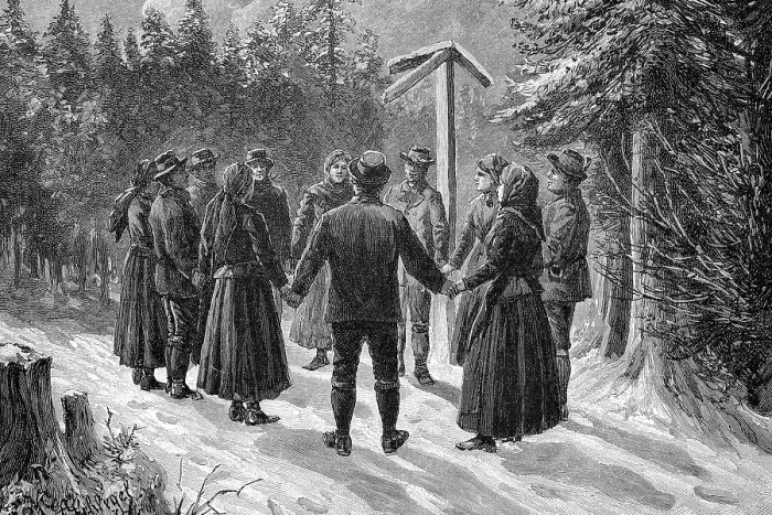 Framed Print : People standing in a circle around a station of the Stations of the Cross