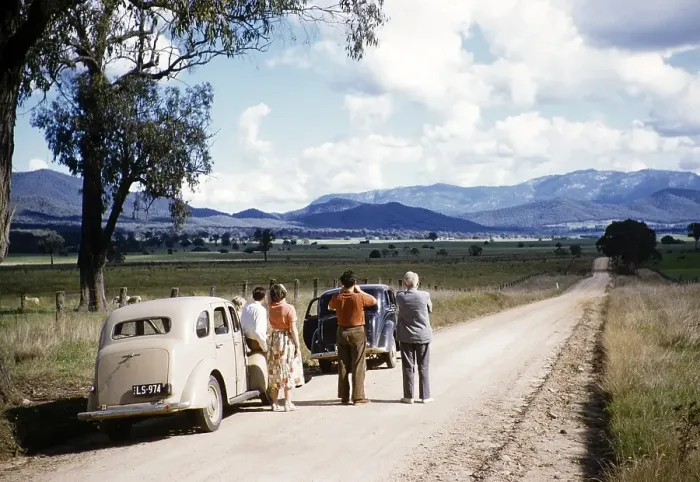 Framed Print : People standing on the road next to two Ford Prefect A493As, unspecified rural location, Victoria, Australia, 1956, Oceania