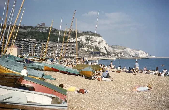Framed Print : People sunbathing on the beach at Dover, Kent, England, Great Britain, early 1960s