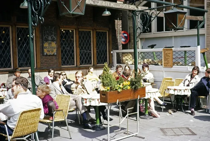 Framed Print : People at tables in the sun in front of the Cafe Bar Het Brouwers Wapen, Amsterdam, Netherlands 1971 Framed Print : People at tables in the sun in front of the Cafe Bar Het Brouwers Wapen, Amsterdam, Netherlands 1971