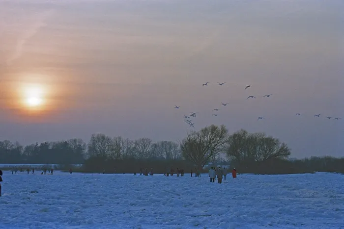 Framed Print : People walk across ice rink, sunset
