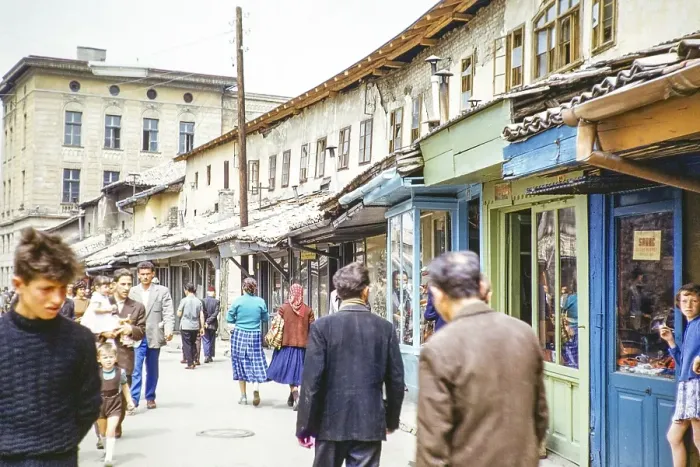 Framed Print : People walking along street of small shops, Sarajevo, Bosnia and Herzegovina, former Yugoslavia, Europe 1960, Europe