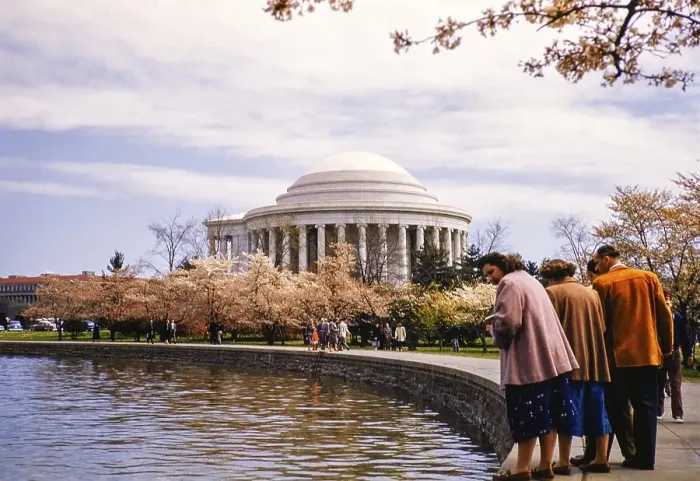 Framed Print : People walking along a waterfront path, Thomas Jefferson memorial from the Tidal Basin, Washington DC, USA c. 1953 Framed Print : People walking along a waterfront path, Thomas Jefferson memorial from the Tidal Basin, Washington DC, USA c. 1953