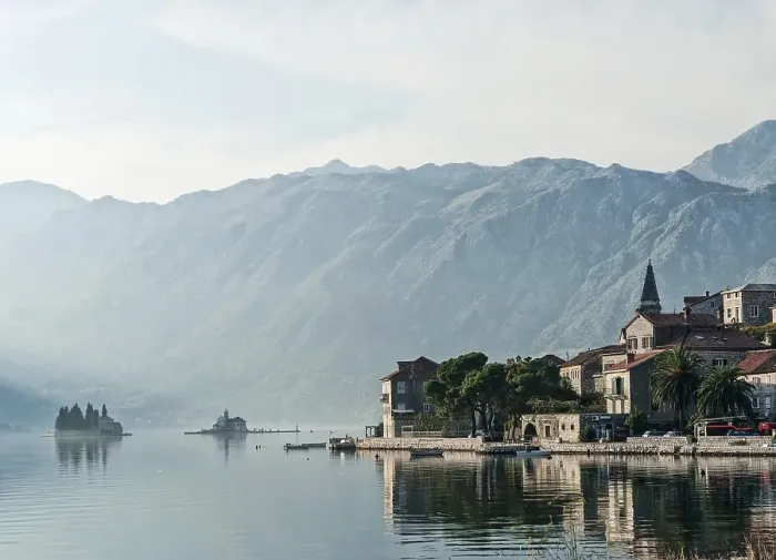 Framed Print : Perast traditional balkan village mountain landscape by kotor bay in montenegro Framed Print : Perast traditional balkan village mountain landscape by kotor bay in montenegro