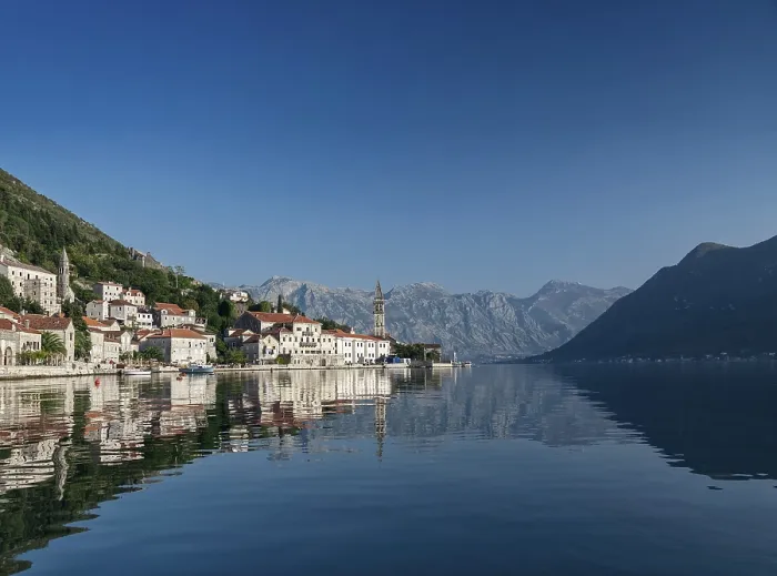 Framed Print : Perast traditional balkan village mountain landscape by kotor bay in montenegro