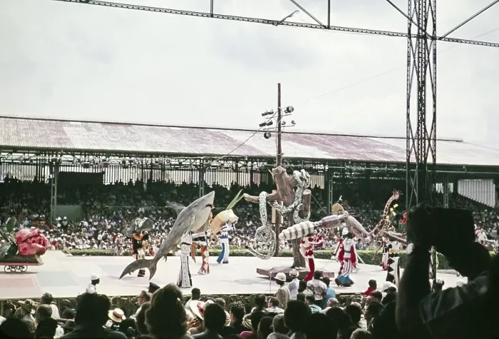 Framed Print : Performers in colourful costumes on stage as part of carnival celebrations, Port of Spain, Trinidad 1962 - captioned as Nature's Notebook Framed Print : Performers in colourful costumes on stage as part of carnival celebrations, Port of Spain, Trinidad 1962 - captioned as Nature's Notebook