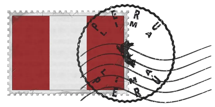 Framed Print : Peru Lima Stamp with National Flag and Postmark