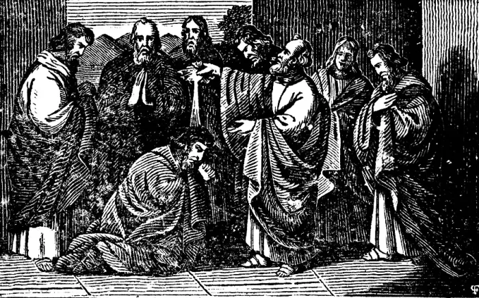 Framed Print : Peter converts 3000 souls to Christianity through his speech, New Testament, history of the apostles, kneeling, praying, woodcut, historical illustration
