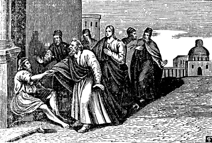 Framed Print : Peter heals a lame man in the name of Jesus Christ, Temple entrance, John, New Testament, History of the Apostles, Pentecost, woodcut, historical illustration Framed Print : Peter heals a lame man in the name of Jesus Christ, Temple entrance, John, New Testament, History of the Apostles, Pentecost, woodcut, historical illustration