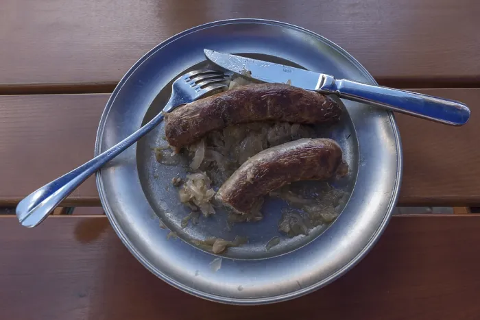 Framed Print : Pewter plate with Franconian sausages