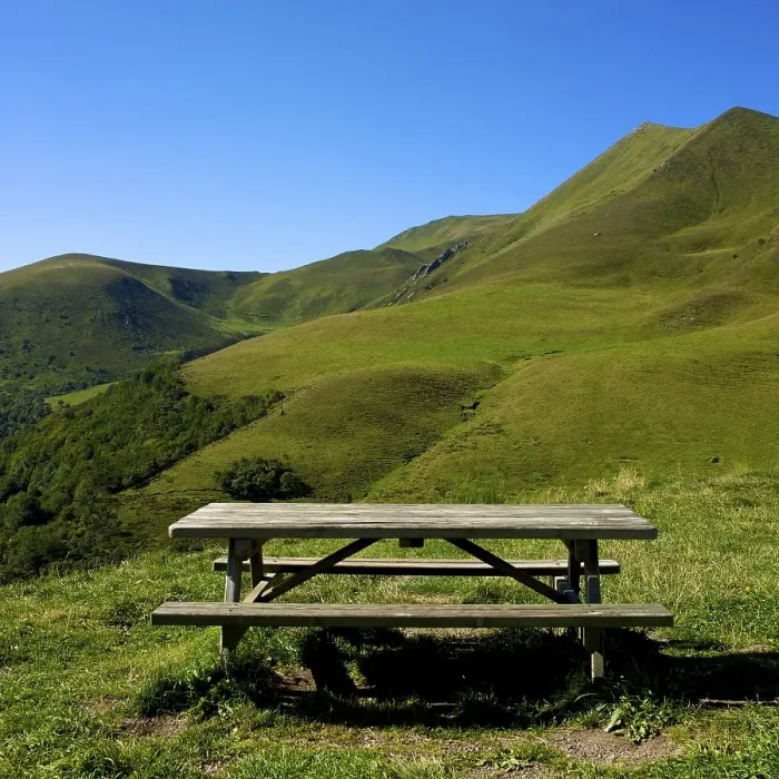 Framed Print : Picnic table in front of the pass Col of Croix Morand