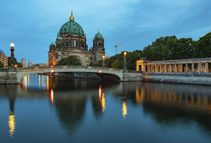 Framed Print : A picture of the Berlin Cathedral and the Spree river at sunset