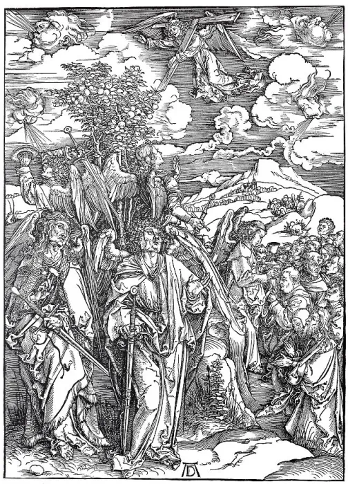 Framed Print : Picture cycle The Apocalypse, four angels stopping the winds and signing the elect