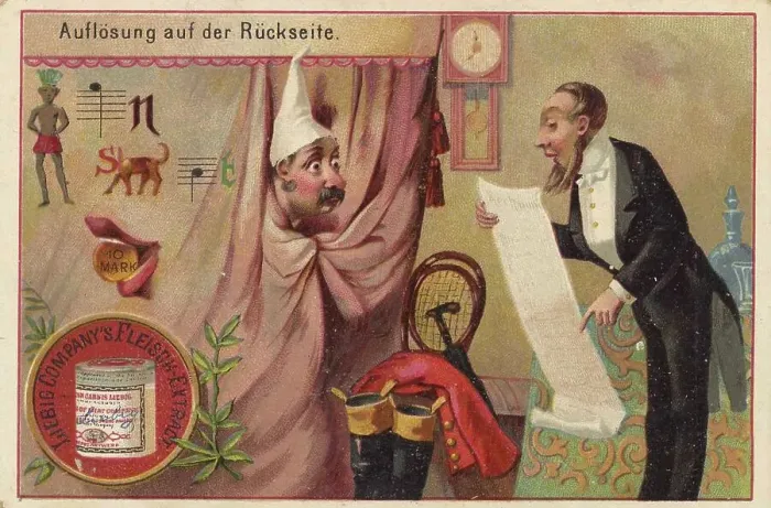 Framed Print : Picture series Riddles, Man with a long list stands in front of a curtain behind which someone is changing clothes