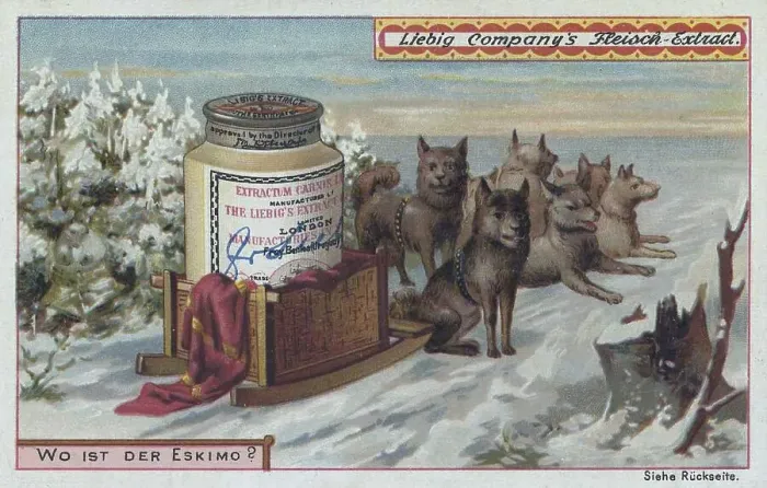 Framed Print : Picture series The search, where is the Eskimo ? Improvised carriage from a Liebig box with dog