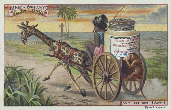 Framed Print : Picture series The search, where is the lion ? Improvised carriage from a Liebig box with giraffe as the draught animal