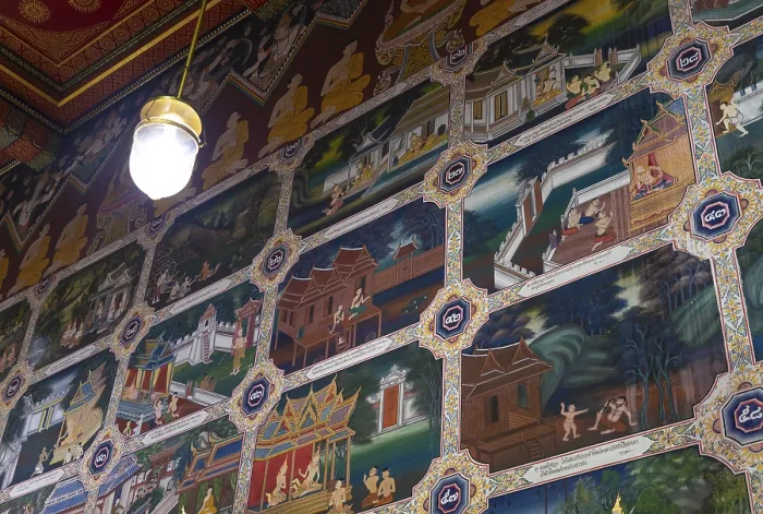 Framed Print : A picture of the wall illustrations inside a shrine at the Wat Paknam Bhasicharoen Temple