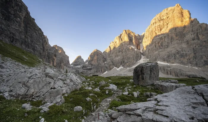 Framed Print : Picturesque mountain landscape in Val Brenta Alta at sunrise