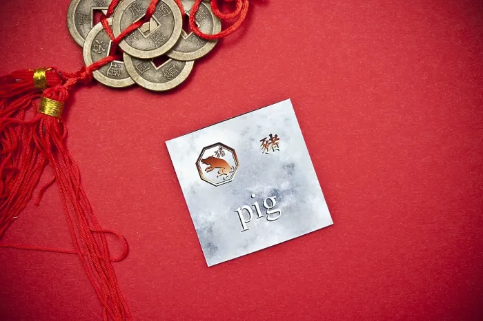 Framed Print : Pig zodiac card with Chinese character on a red background with coins