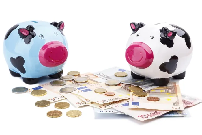 Framed Print : Piggy bank and money isolated on white