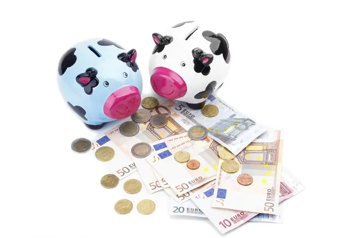 Framed Print : Piggy bank and money isolated on white