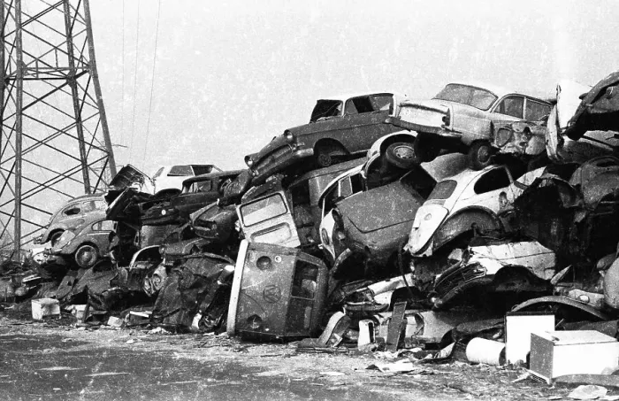 Framed Print : Pile of scrap cars on 25. 2. 1972 in Duisburg Framed Print : Pile of scrap cars on 25. 2. 1972 in Duisburg
