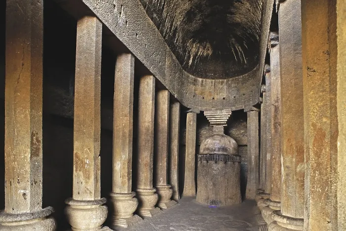 Framed Print : Pillars and stupa in cave temple hinyana pandav caves first century BC to second century AD