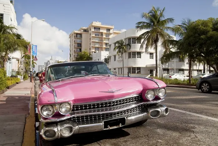 Framed Print : Pink Cadillac in the Art Deco district of South Beach