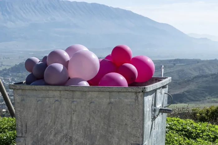 Framed Print : Pink and purple balloons in a container with a wide view of the mountains