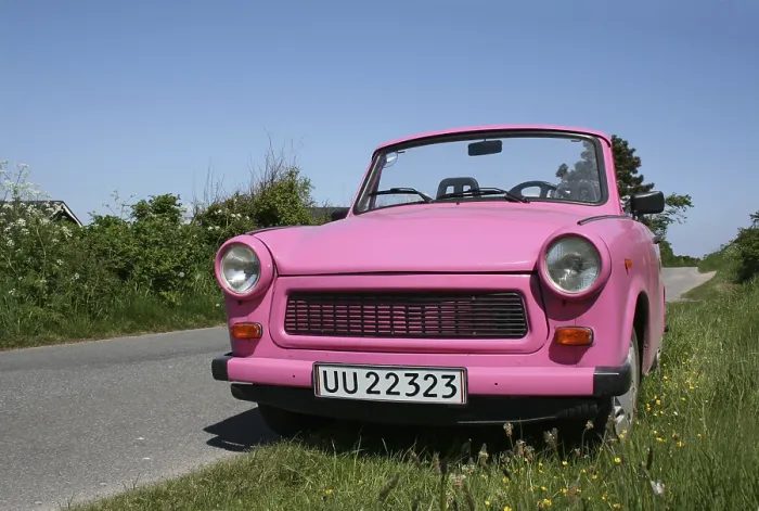 Framed Print : A pink Trabant convertible