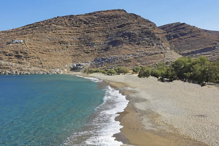 Framed Print : Pisses is famous for its superb sandy beach and crystal clear waters in Kea