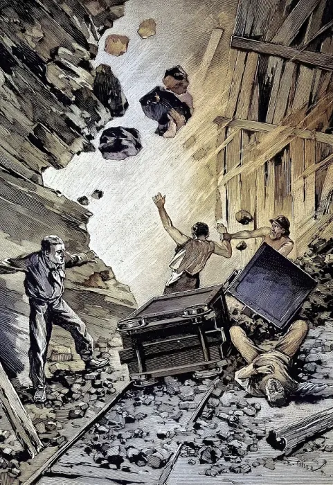 Framed Print : A pit, miners are seriously injured or killed by falling rocks