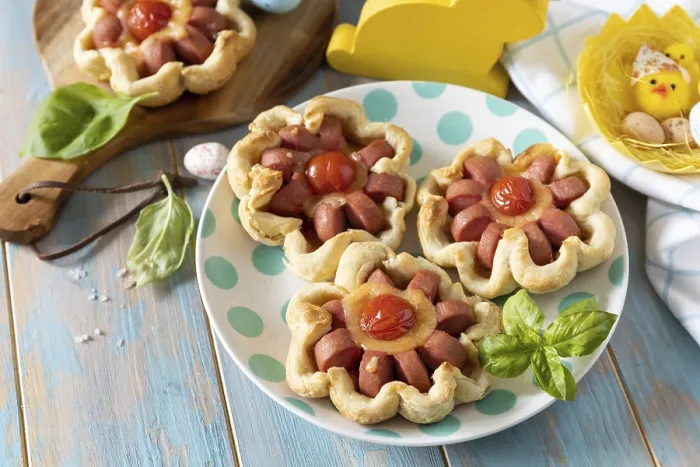 Framed Print : Pizza in puff pastry with cheese and tomatoes