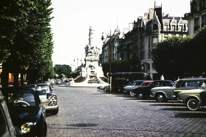 Framed Print : Place Drouet d'Erlon monument cars parked street, Riems, France, Europe 1960, Europe