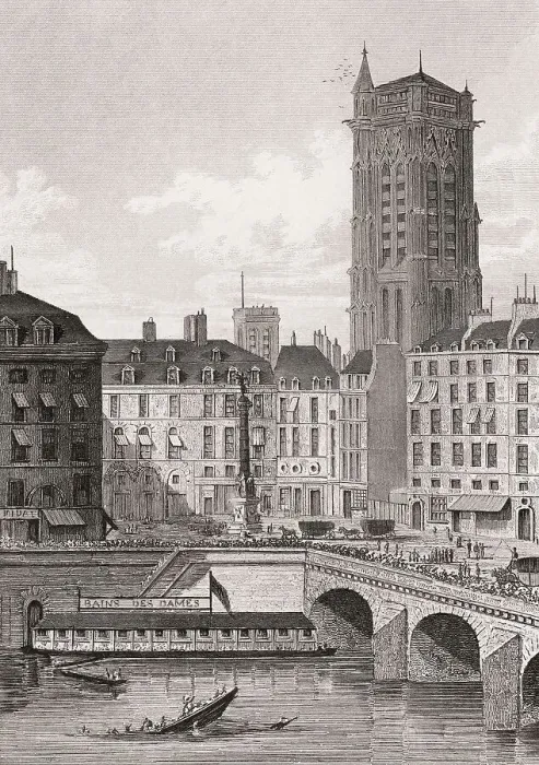 Framed Print : The Place du Chatelet, Paris, antique steel engraved print
