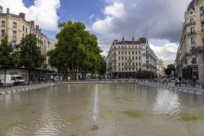 Framed Print : Place de la Republique with shops and houses