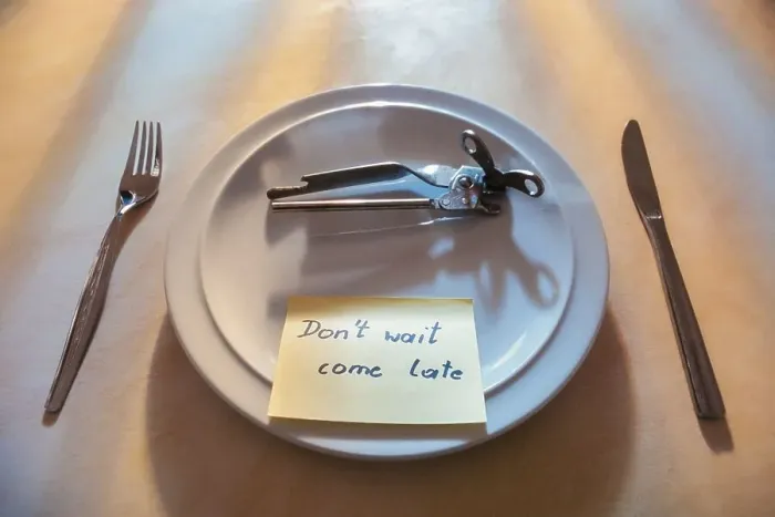 Framed Print : Empty plate with cutlery and a can opener