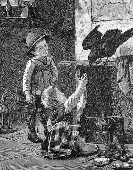 Framed Print : The Playmate, Children Playing with a Tame Crow in the House Framed Print : The Playmate, Children Playing with a Tame Crow in the House