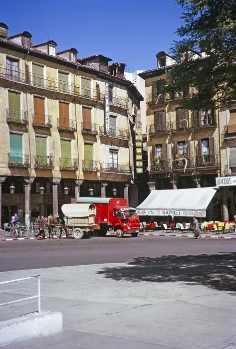 Framed Print : Plaza Mayor, Cafe Napoli, Valladolid, Castilla y Leon, Spain, 1964 red SAVA S66, BMC FG lorry, Europe Framed Print : Plaza Mayor, Cafe Napoli, Valladolid, Castilla y Leon, Spain, 1964 red SAVA S66, BMC FG lorry, Europe