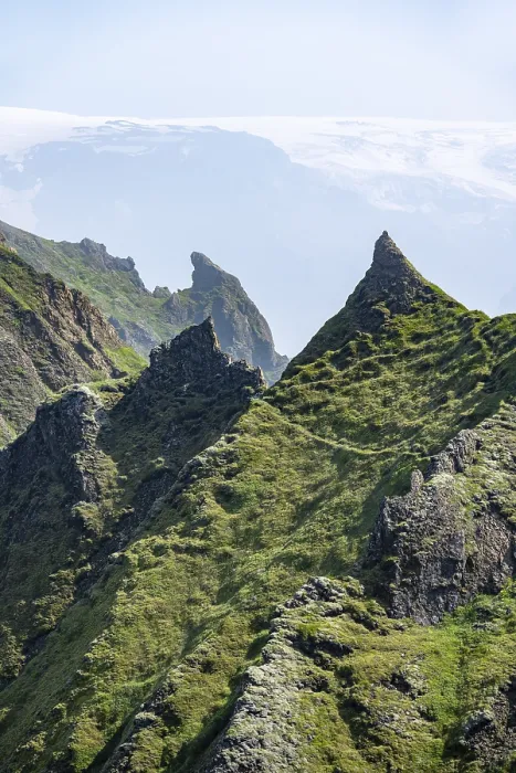 Framed Print : Pointed green mountain peaks on the ridge of Tindfjoell