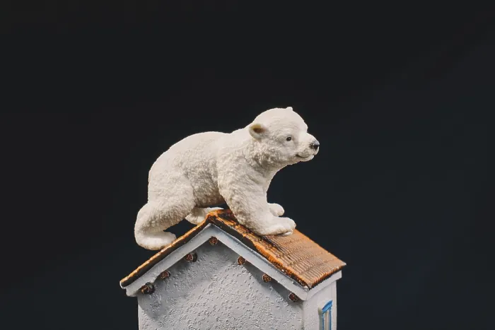 Framed Print : Polar bear model placed on a model house Framed Print : Polar bear model placed on a model house