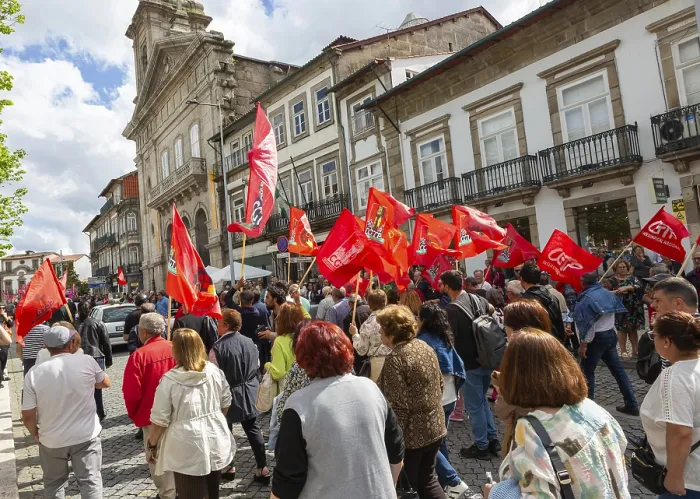 Framed Print : Political rally and march for May Day in city of Guimaraes