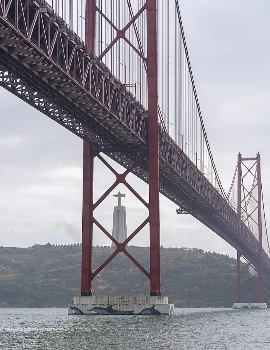 Framed Print : The Ponte 25 de Abril, 3.2 km long bridge in Portugal with a 2278 meter long suspension bridge across the Tagus